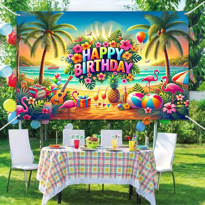 BlissYard Beach Hibiscus Polyester Birthday Banner 71x43 Inch Decor | Polyester - Image 6