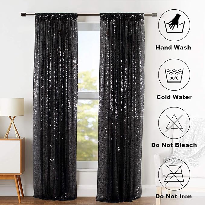ShinyBeauty Sequin Curtains 2 Panels Black 2FTx8FT Sequin Photo Backdrop Black - Image 7