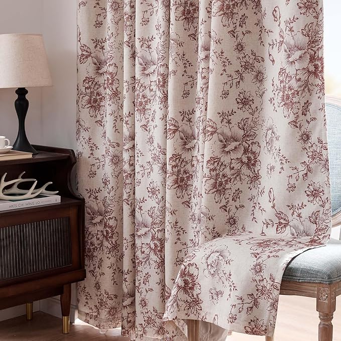 jinchan Red Floral Linen Blackout Curtains Lined 96 Inch Back Tab 2 Panels | - Image 8