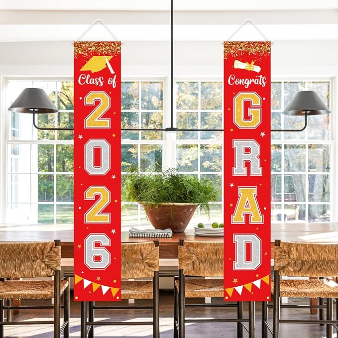 Graduation Decorations 2026 GRAD Banner Red Porch Door Sign Welcome Banner - Image 6