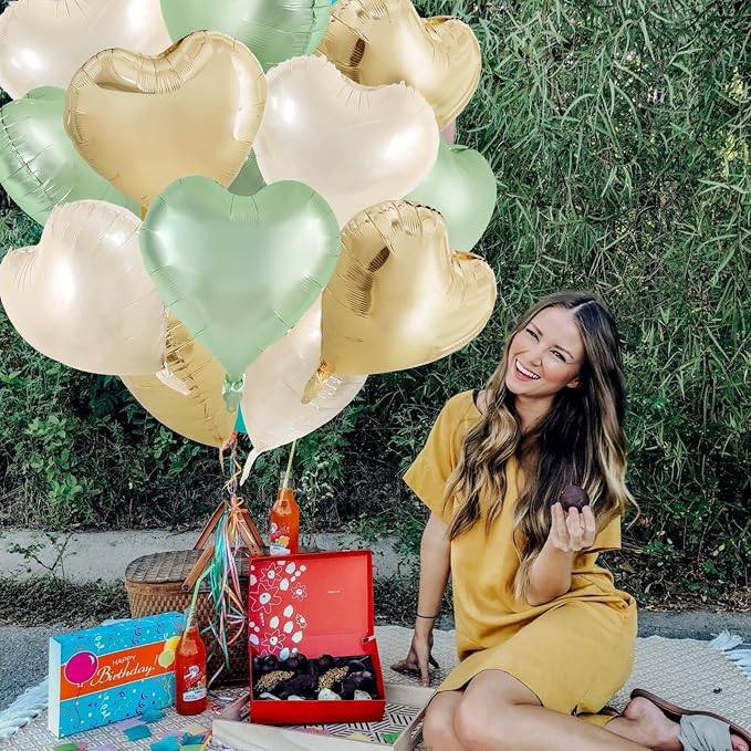 TONIFUL 15 Pcs 18 Inch Cream Gold Green Heart Shape Foil Mylar Balloons | - Image 6