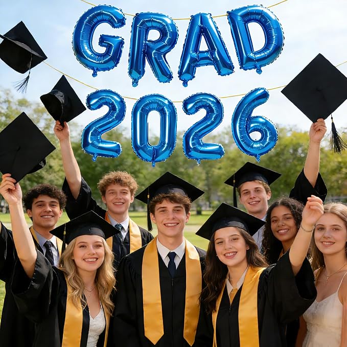 Blue GRAD 2026 Banner Balloons, 16 Inch Mylar Foil letter Graduation Balloons - Image 5