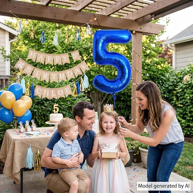 Navy Blue Number 5 Balloon 40 Inch, Shiny Metallic Digit Celebration Decor | - Image 7