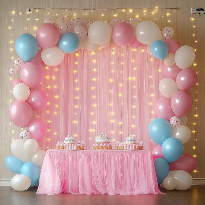 Tulle Backdrop Curtains with Lights Pink 10x8ft Sheer Curtain Backdrop | Tulle - Image 8