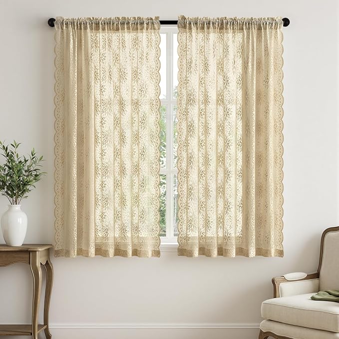 MIULEE Vintage Floral Scalloped Lace Curtains 2 Panels, Short Semi Sheer - Image 7