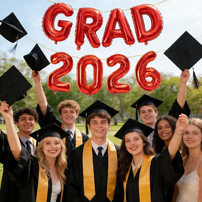 Red GRAD 2026 Banner Balloons, 16 Inch Mylar Foil letter Graduation Balloons - Image 5