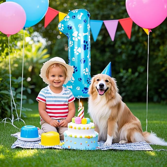 40 Inch Blue Dog Paw Birthday Balloons, Number 1 Balloons - Image 7