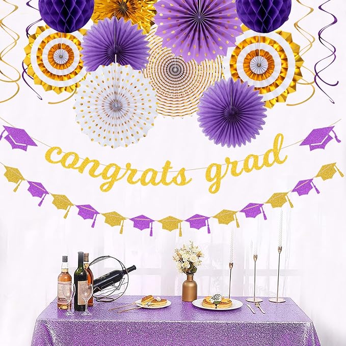 Purple-White Gold Party-Decorations Graduation Banner-Streamers - Image 6