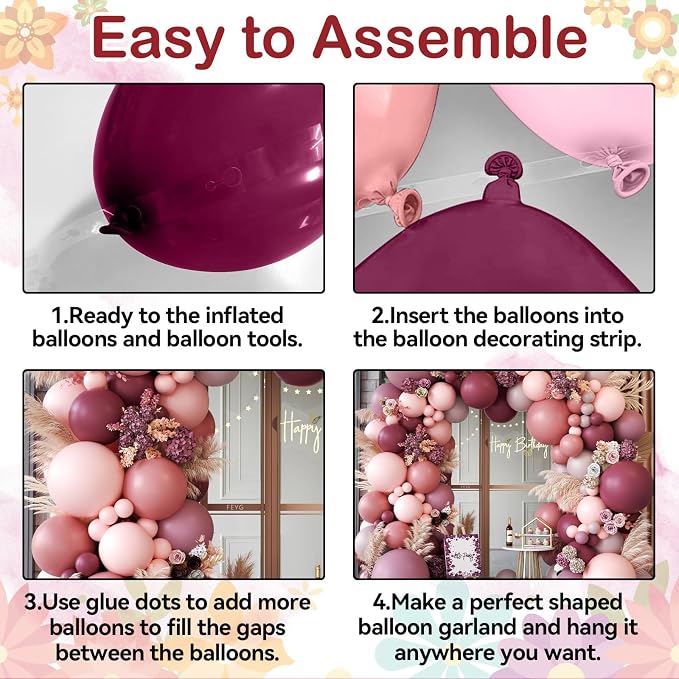 Dusty Rose Pink Balloon Garland Arch, Retro Purple Burgundy Pink Balloons - Image 7