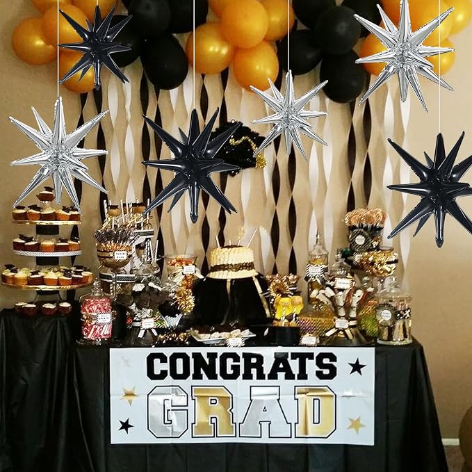 TONIFUL 8 Pcs Explosion Star Balloons Black and Silver Foil Party Decor | 2 - Image 6
