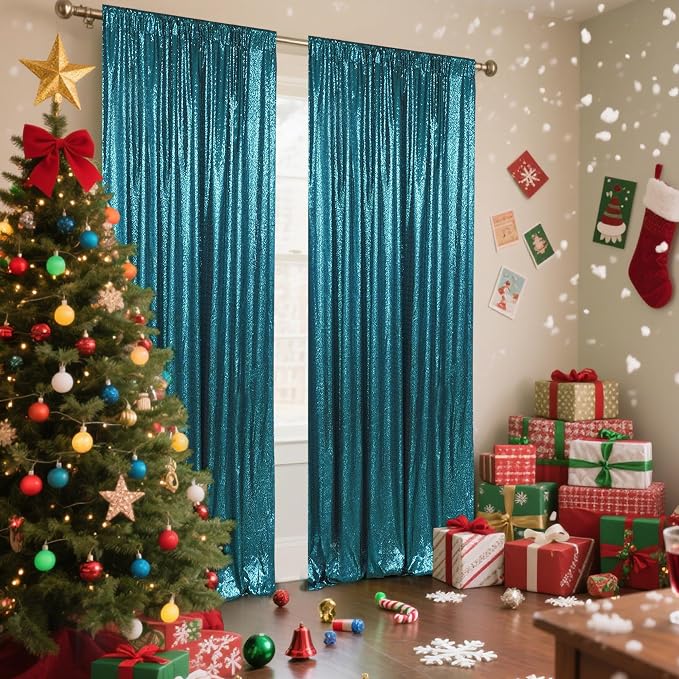 PartyDelight Teal Sequin Backdrop Curtains 2x8ft 2 Panels | Sparkly 3mm sequins - Image 7