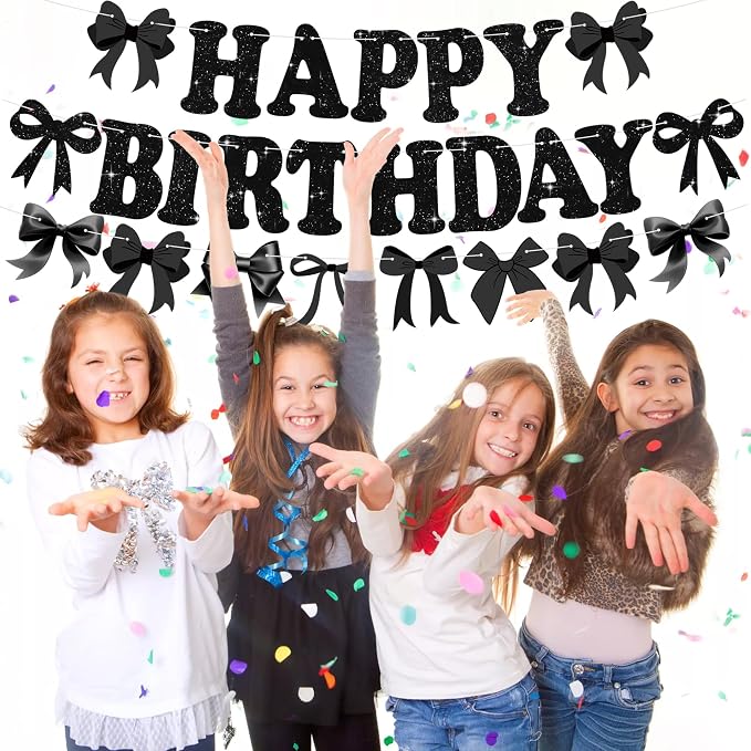 Glitter Black Bow Happy Birthday Banner Pre-Strung Coquette Birthday - Image 8