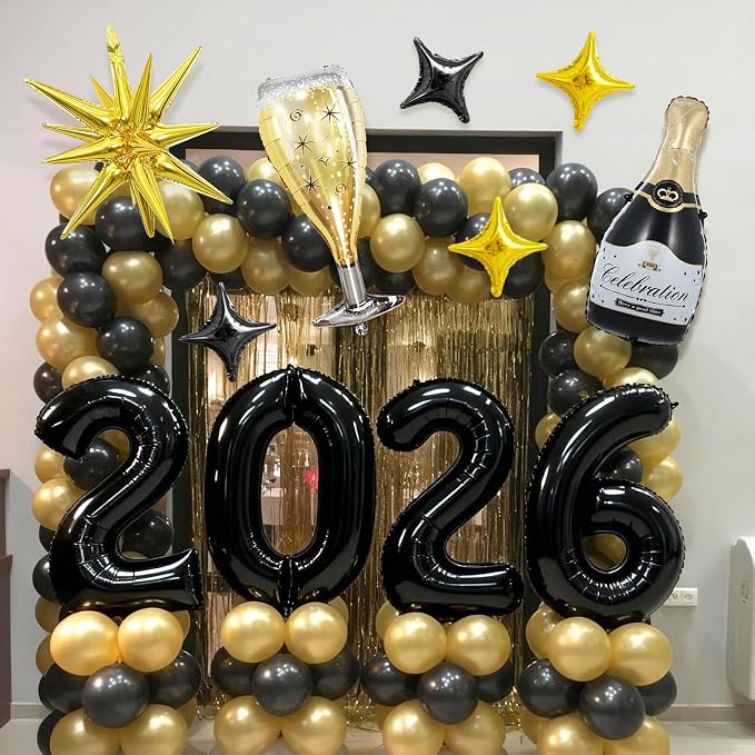 Black 2026 Balloons, 40 Inch Number 2026 Black Foil Balloons, Champagne Bottle - Image 9
