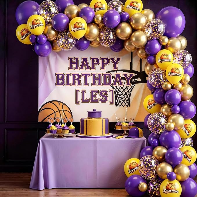 Purple Gold and Yellow Balloons, 12 Inch Printed Basketball Balloon and - Image 5