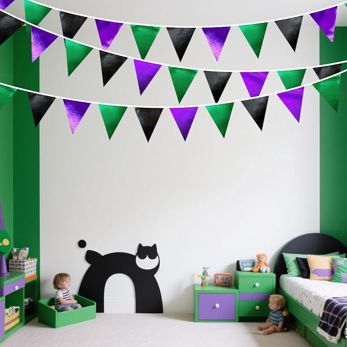 Black Purple Green Party Decorations Metallic Fabric Triangle Pennant Banner - Image 6