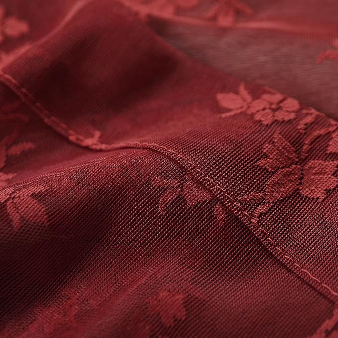 Kotile Burgundy Lace Curtains for Bedroom Rustic Floral 52x63 Inch 2 Panels | - Image 9