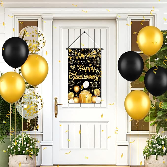 Anniversary Party Decorations Black Gold Happy Anniversary Door Banner Sign - Image 7