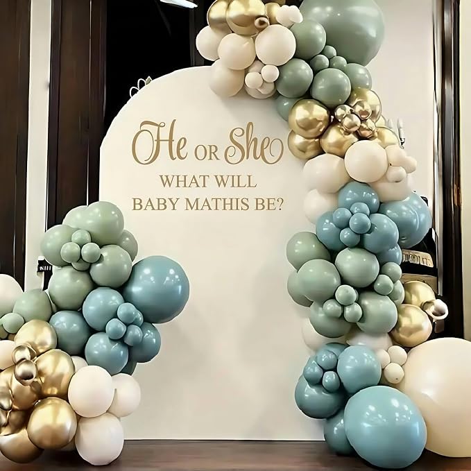 Dusty Sage Green Blue Gold Balloon Garland Kit - Image 9