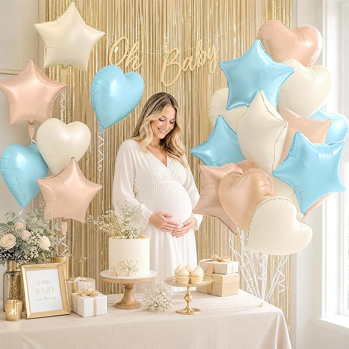 TONIFUL 18 Inch Cream Blue Star and Heart Foil Balloons - Image 6