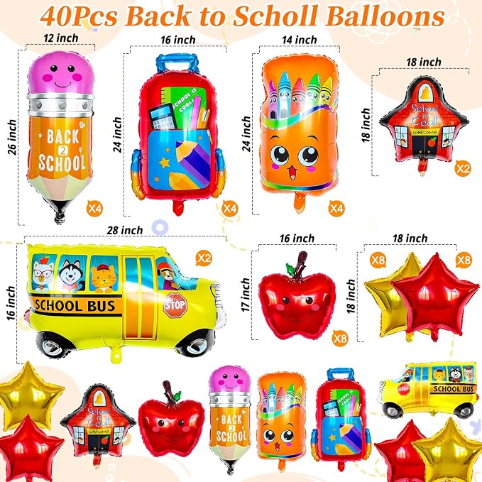 40 Pcs Back to School Foil Balloons, Colorful Apple Pencil Crayon Bus Helium - Image 7