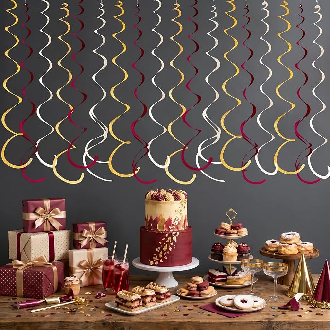 36 Pcs Maroon Gold Hanging Swirl Decorations Glitter Gold Burgundy Beige Felt - Image 8
