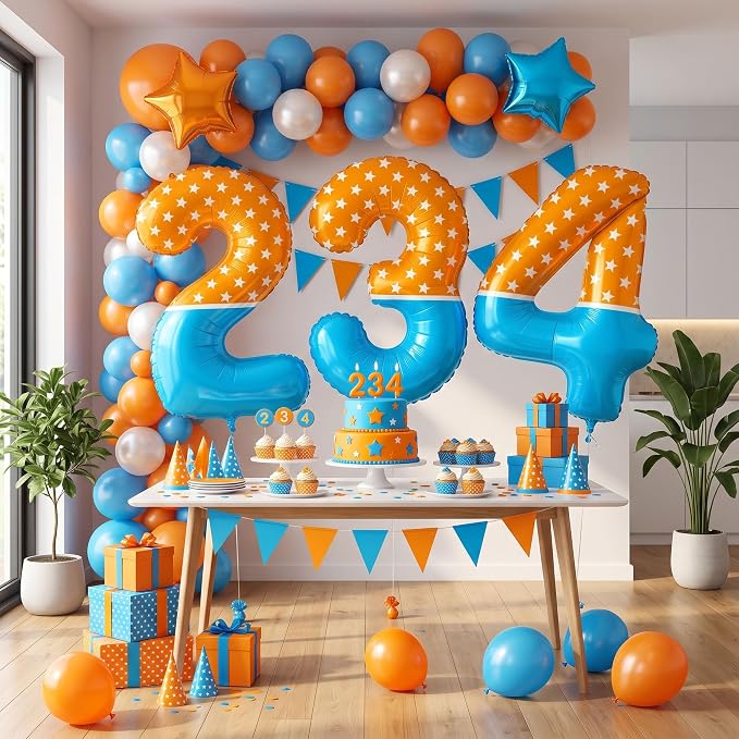 40 Inch Orange Blue Number 4 Balloon, Bow Tie Glasses Design - Image 7