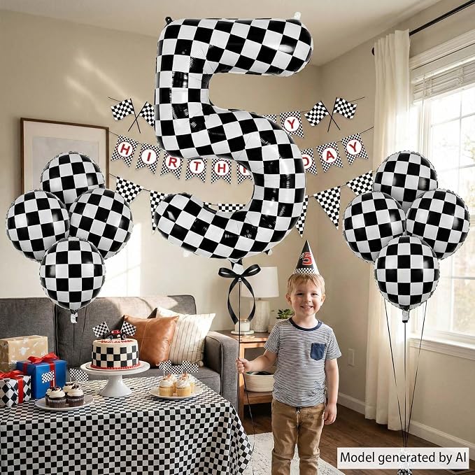 40 Inch Checkered Number 5 Balloon, Large Foil Black and White Number Balloon - Image 7