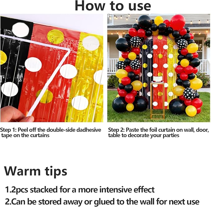 2 Packs Red Black Yellow Foil Fringe Curtain, Mouse Polka Dots Glitter Metallic - Image 8
