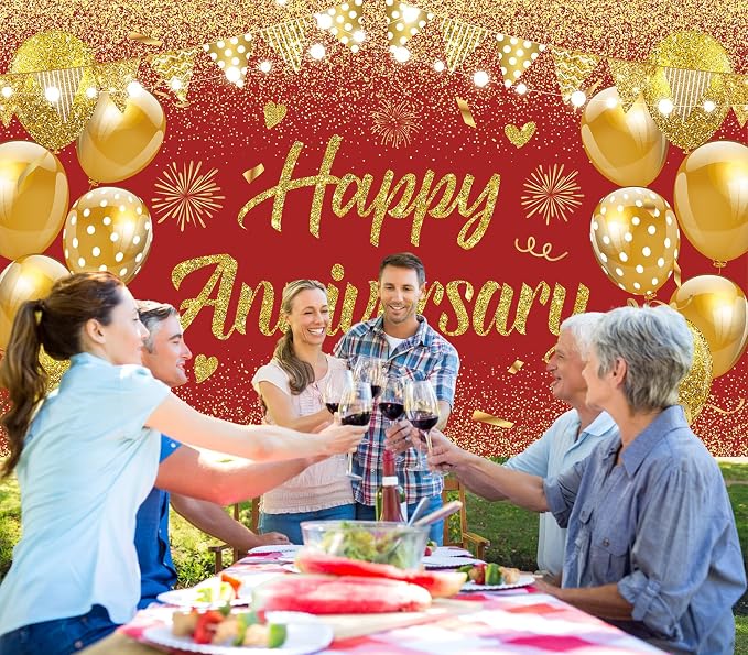 Wedding Anniversary Banner Red Gold Happy Decorations - Image 7