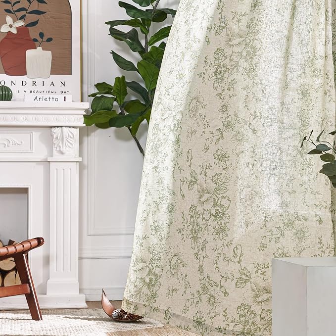jinchan Green Floral Linen Curtains 84 Inch Farmhouse Back Tab 2 Panels | Light - Image 9
