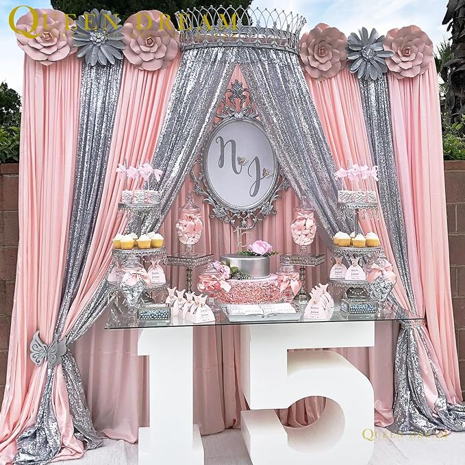 Silver Sequin Backdrop Curtains Drapes 6 Pieces 2ftx8ft Sparkly Christmas | - Image 7