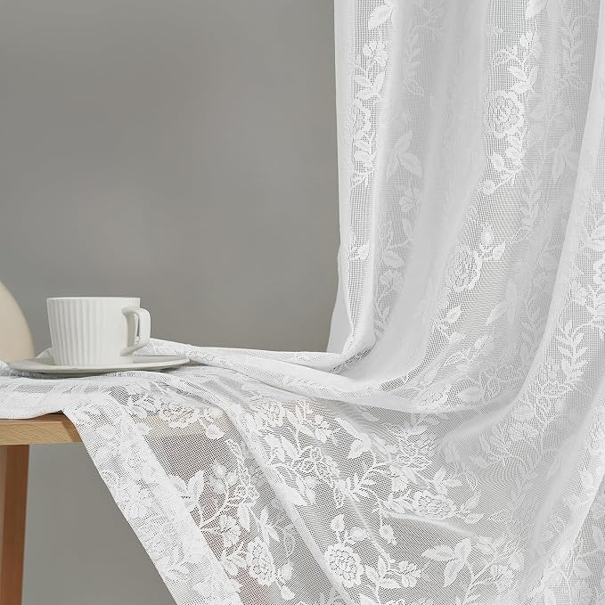 FINECITY White Lace Curtains for Bedroom Rustic Floral 52x72 Inch, 2 Panels | - Image 7