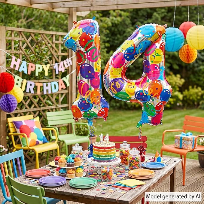 40 Inch Rainbow Balloon Number 14 Balloons, Fourteen Bday Party Decor | Giant - Image 7