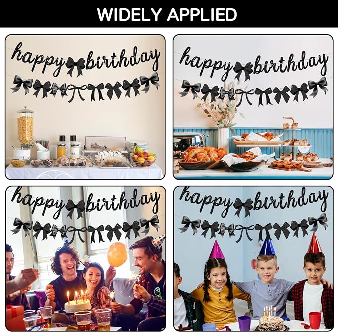 2pcs Glitter Black Bow Party Banner Pre-Strung Happy Birthday Decorations Bow - Image 6