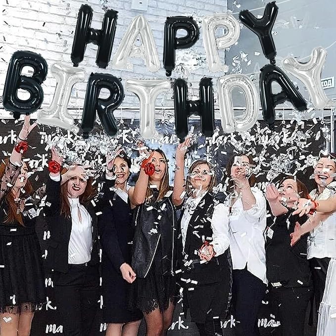 TONIFUL 16 Inch Black Silver Happy Birthday Balloon Banner Decor - Image 6