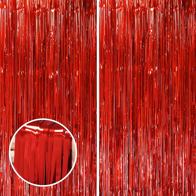 Voircoloria Red Foil Fringe Backdrop Curtains, 2 Pack | Tinsel Streamers - Image 8