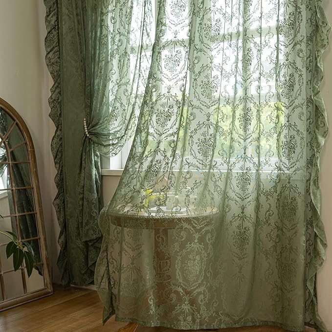 Deeprove Olive Green Sheer Lace Ruffled Curtains 72 Inch Long Pair - Image 9