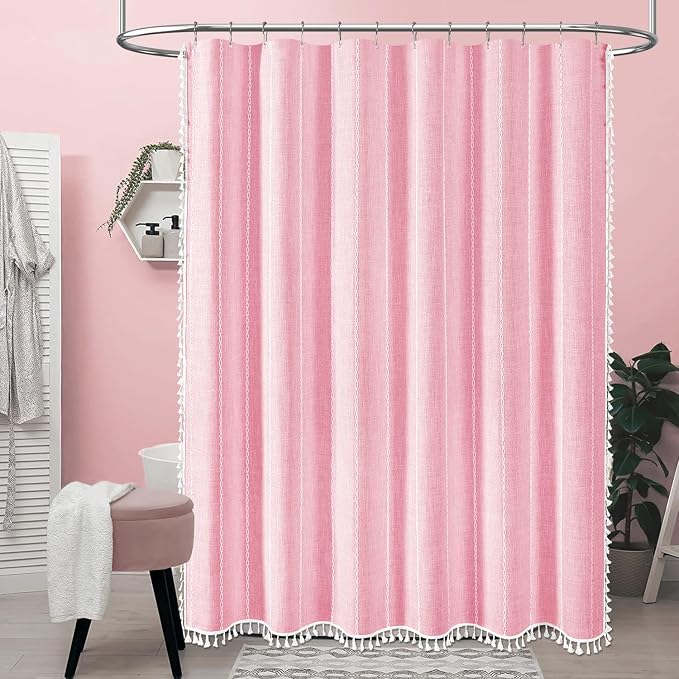 72x78 Long Boho Farmhouse Linen Heavy Duty Shower Curtain, Blush Pink | Tall - Image 6