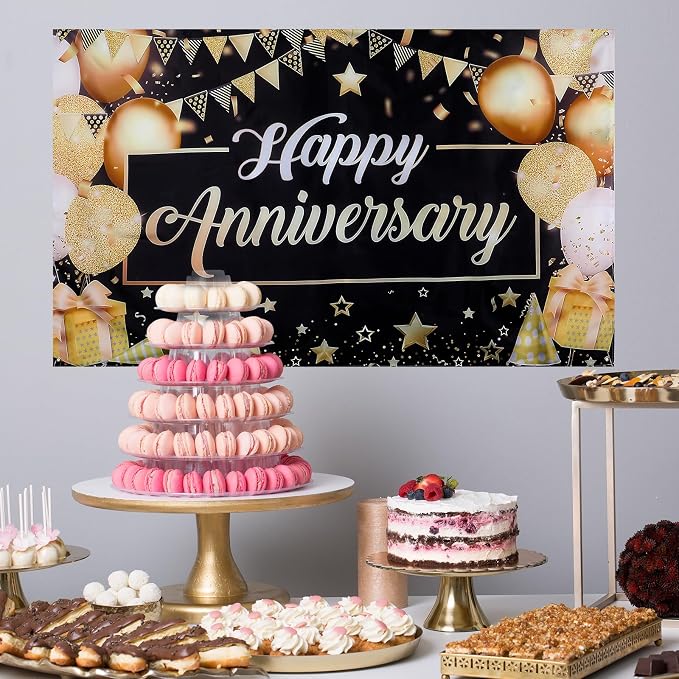 Happy Anniversary Backdrop Banner, 6ft x 3.6ft Black Gold Anniversary Party - Image 7