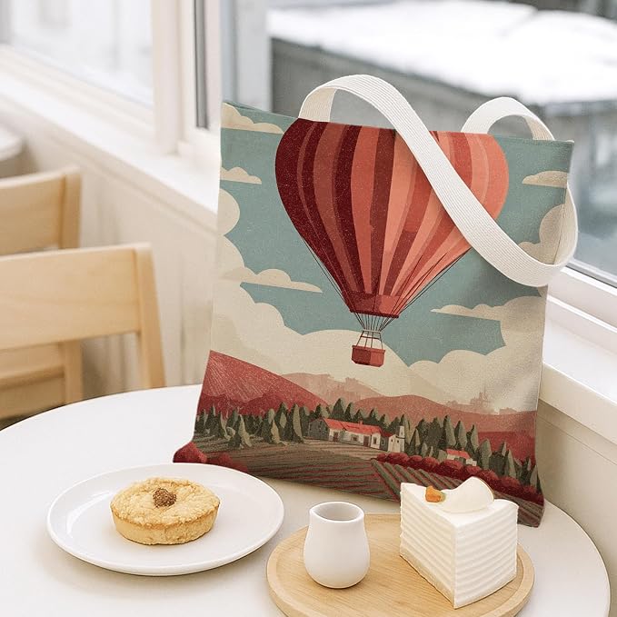 Vintage Hot Air Balloon Canvas Tote Bags, Artistic Landscape Reusable Grocery - Image 7