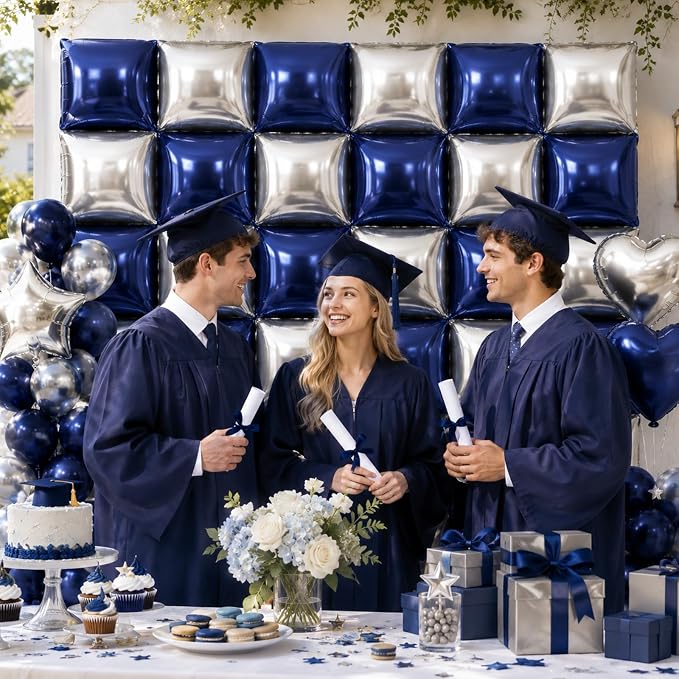 Metallic Navy Blue and Silver Double Sided Square Foil Balloons Wall, 19 Inches - Image 6