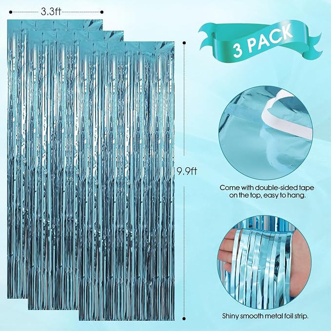 TenLaitech 3 Pack 3.3 x 9.9 ft Light Blue Foil Fringe Backdrop Curtain - Image 8