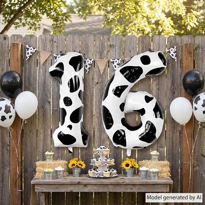 40 Inch Cow Print Number 16 Balloon Set, Giant Black & White Foil "16" Number - Image 7