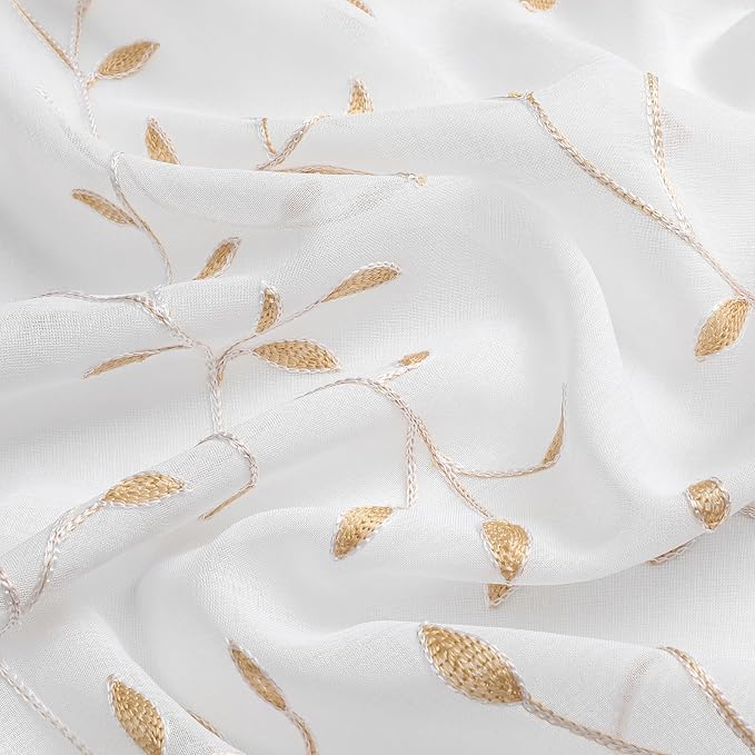 White Sheer Curtains Orange Leaf Embroidery Linen 96 Inches Long | Light - Image 8