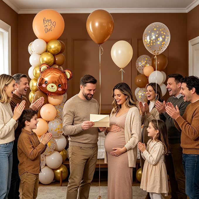 Bear Gender Reveal Balloon Column Stand Set of 2 | 104Pcs Brown Gold White - Image 7