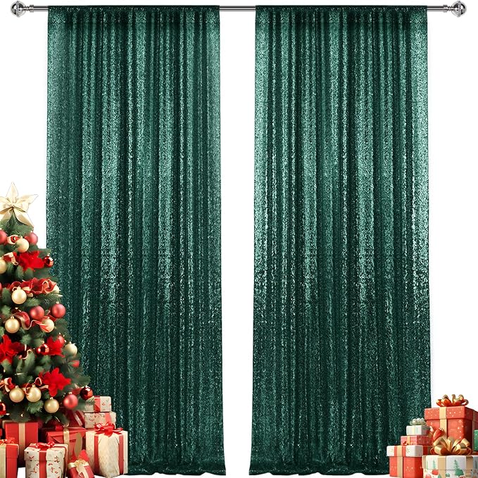 2×8FT-2PCS Hunter Green Sequin Backdrop Curtains Panels, Christmas Green - Image 8