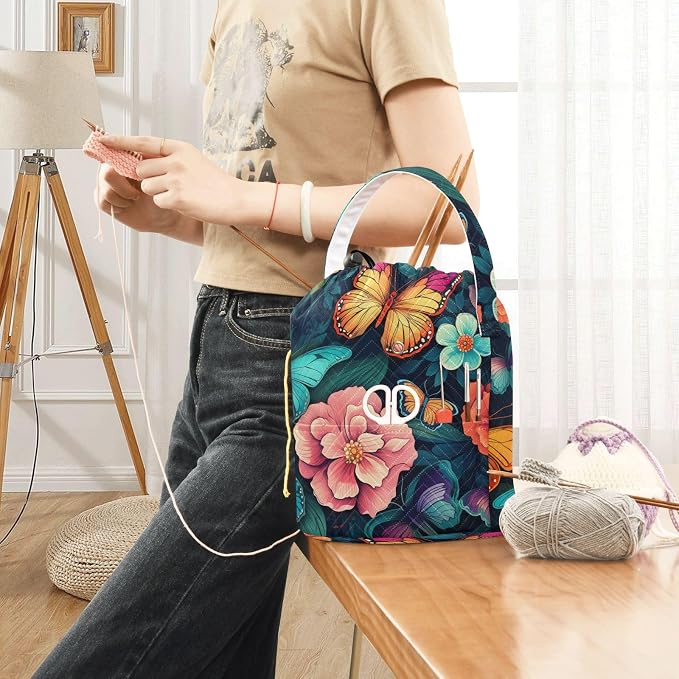 Blue Butterfly Flowers Yarn Bag Small Crochet Bag Drawstring Yarn Storage - Image 6