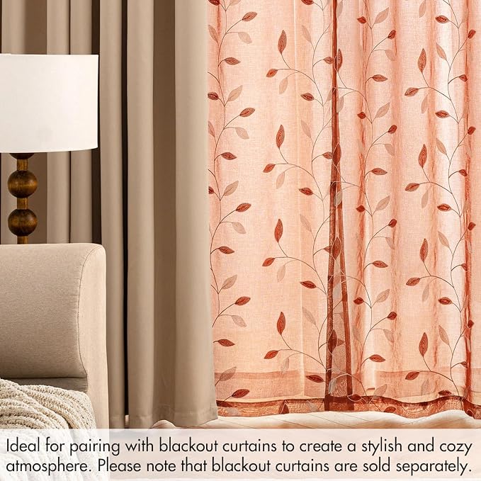 MIULEE Burnt Orange Sheer Fall Curtains 2 Panels Leaf Patterned, W52 x L63 | - Image 7
