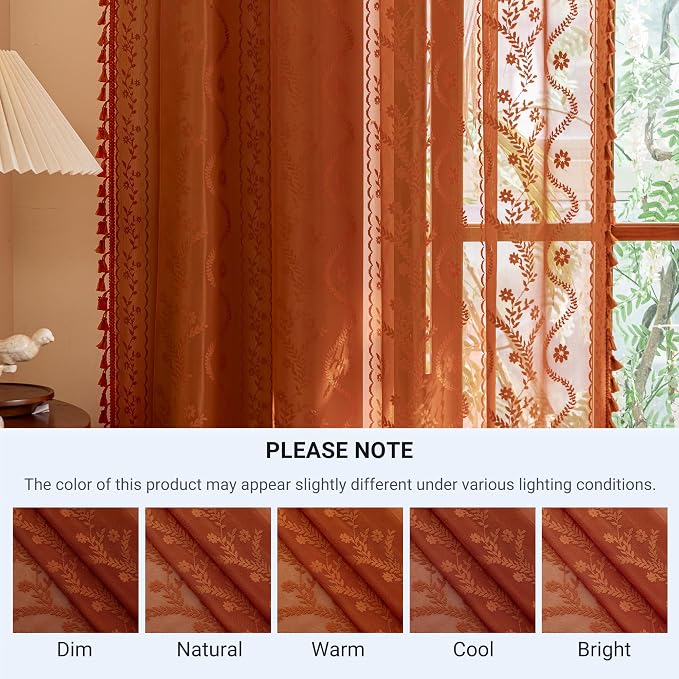 WAZZIO Boho Lace Curtains 84 Inch 2 Panels-Vintage Sheer Panel Drape Floral - Image 9