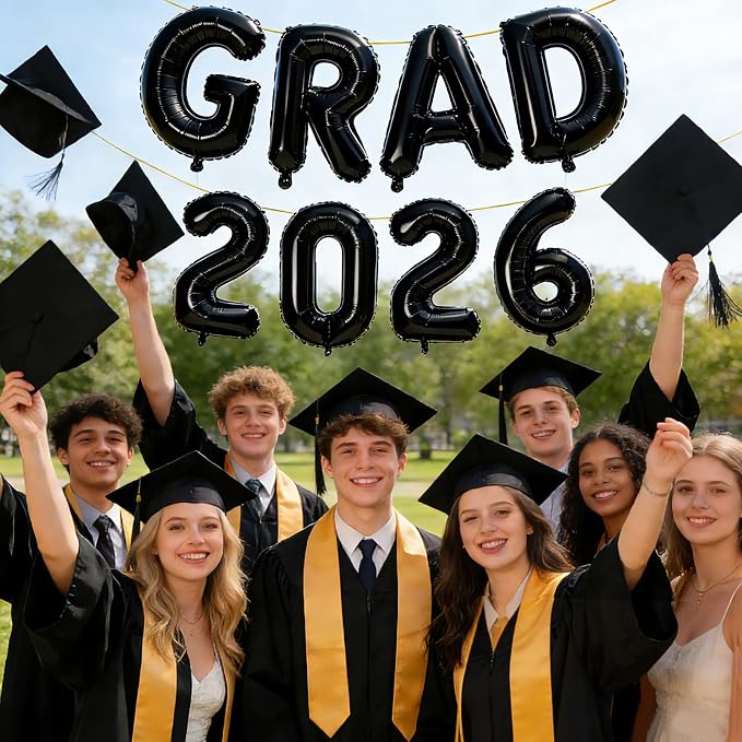 Black GRAD 2026 Banner Balloons, 16 Inch Mylar Foil letter Graduation Balloons - Image 5